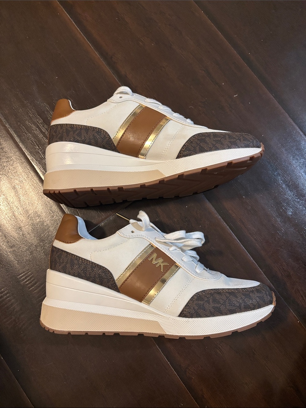 Michael Kors White, Brown & Gold MK Wedge Sneakers